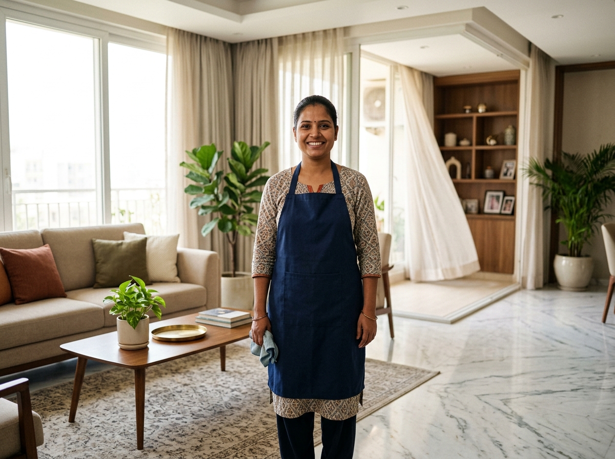 Professional domestic helper smiling warmly in a modern Indian home