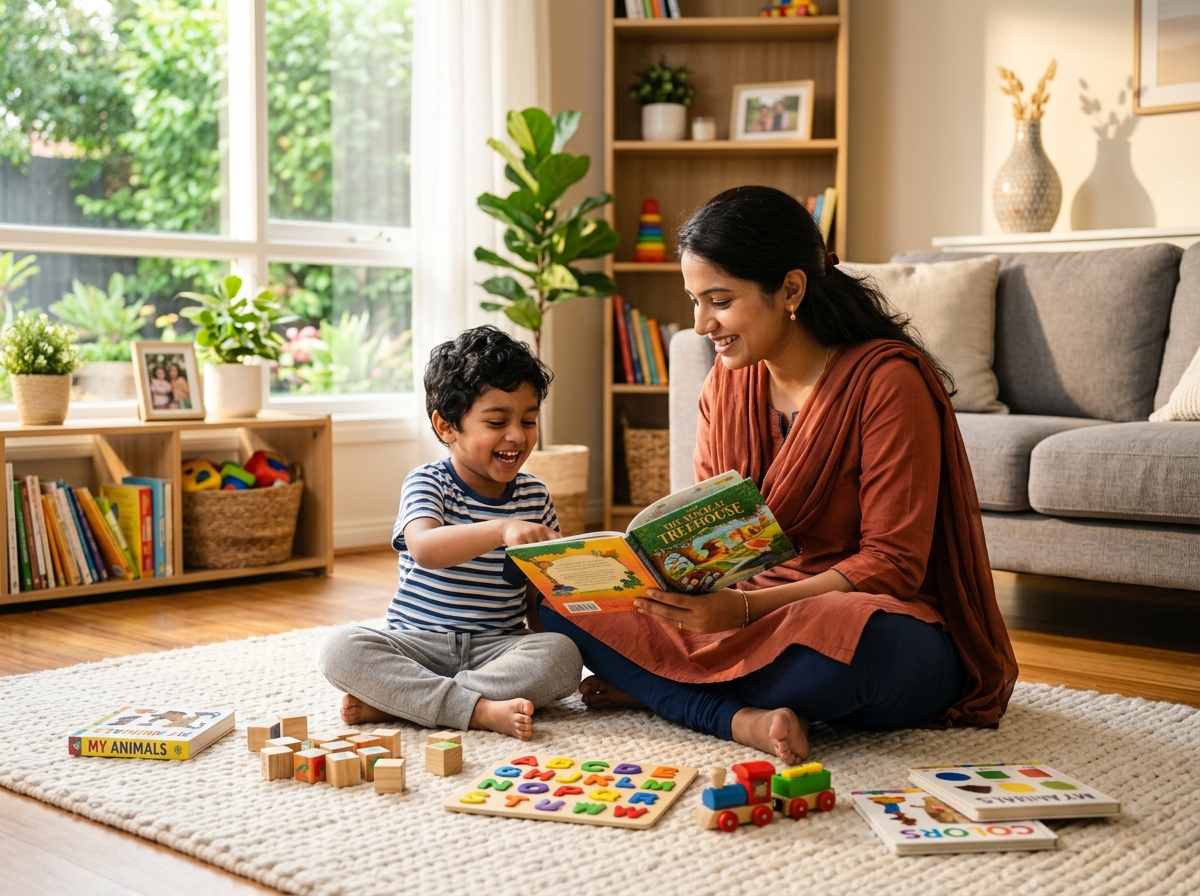 Warm caregiver and child sharing a playful moment at home