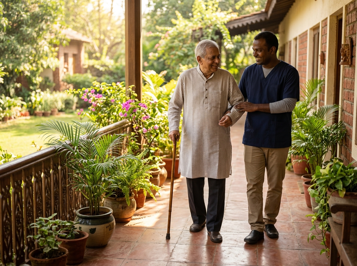 Dignified caregiver offering warm everyday support to a senior at home