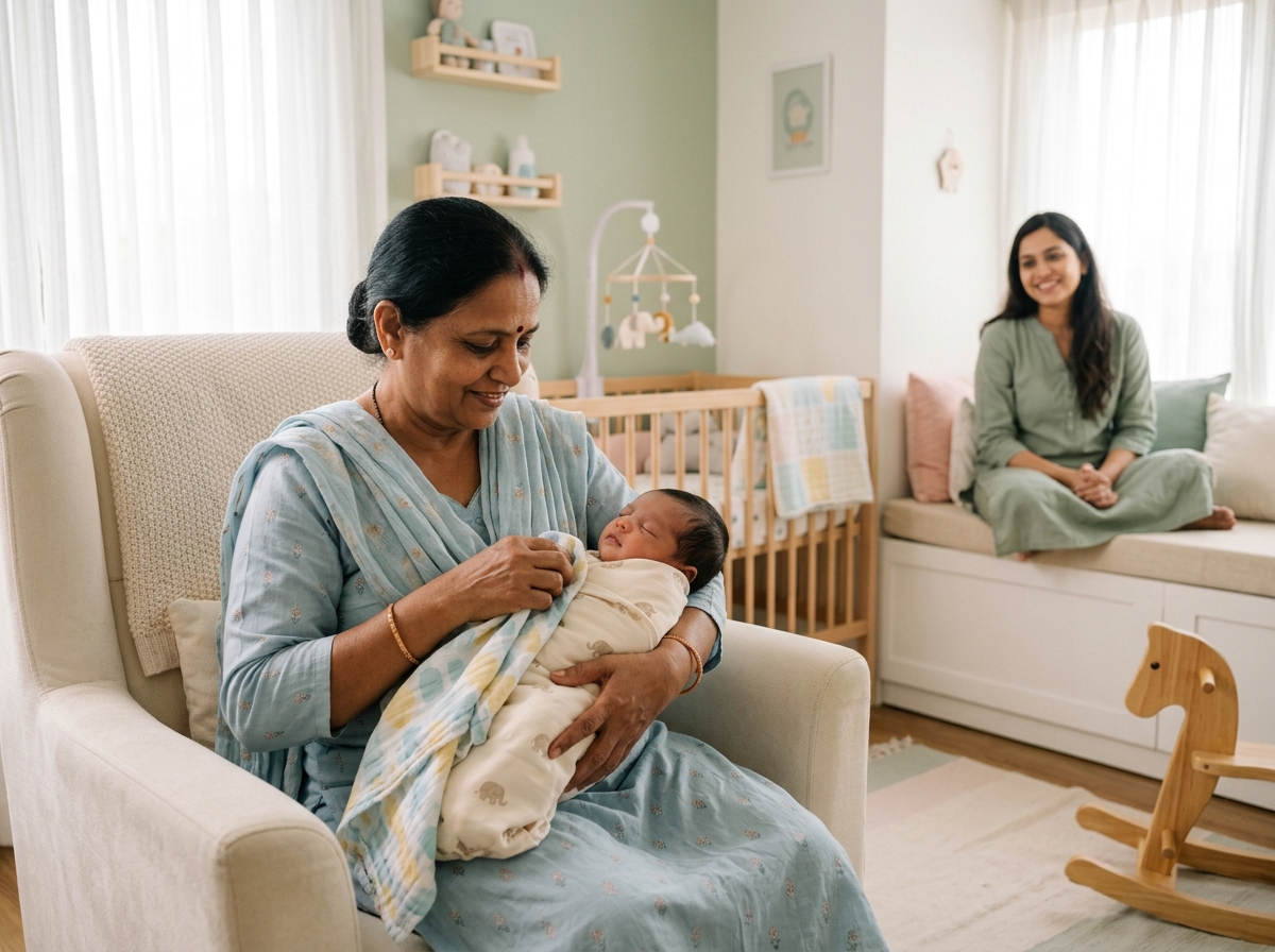 Gentle Japa nanny holding newborn infant
