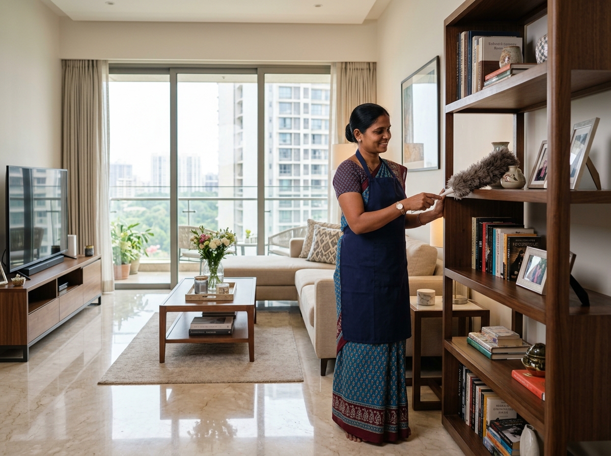 Maid dusting and cleaning a modern home